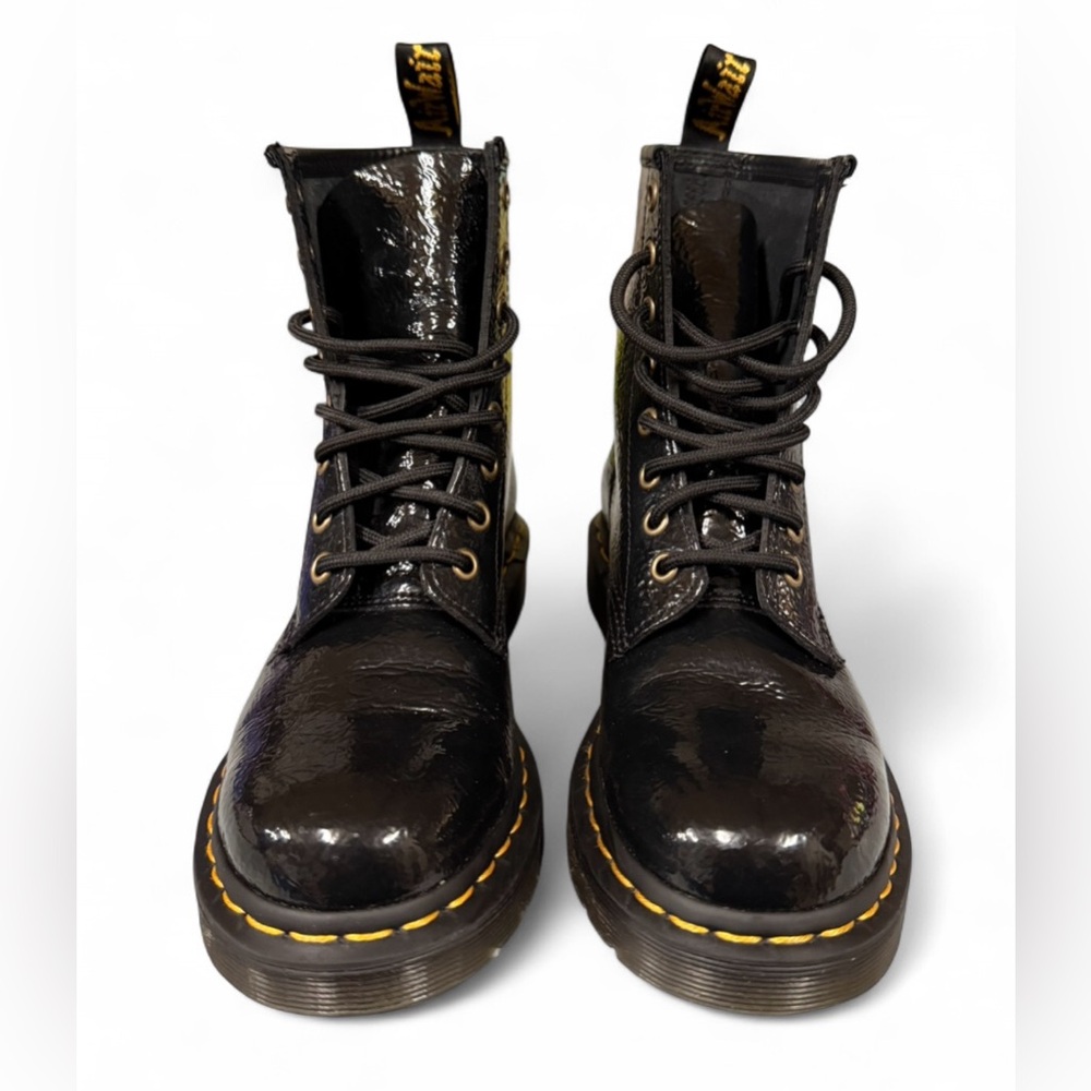 Dr. Martens Shiny Black Boots with Yellow Stitching